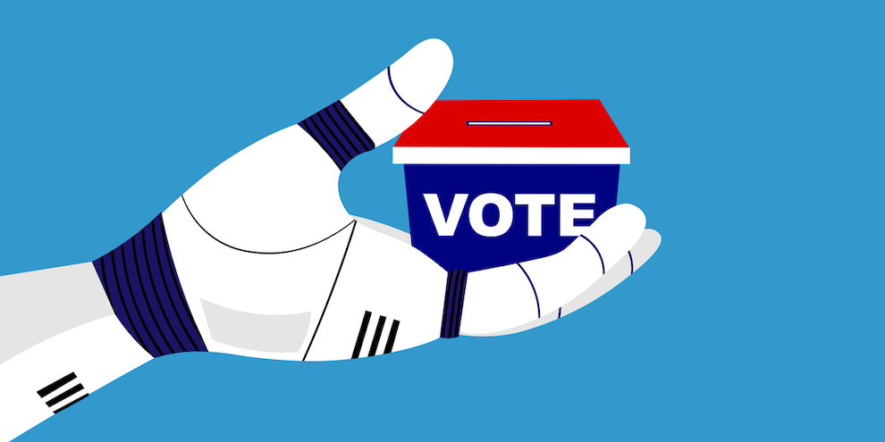 AI hand holding a voting ballot box.