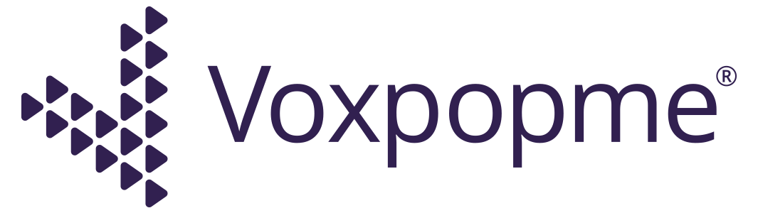 Voxpopme logo. Purple text with the letter 