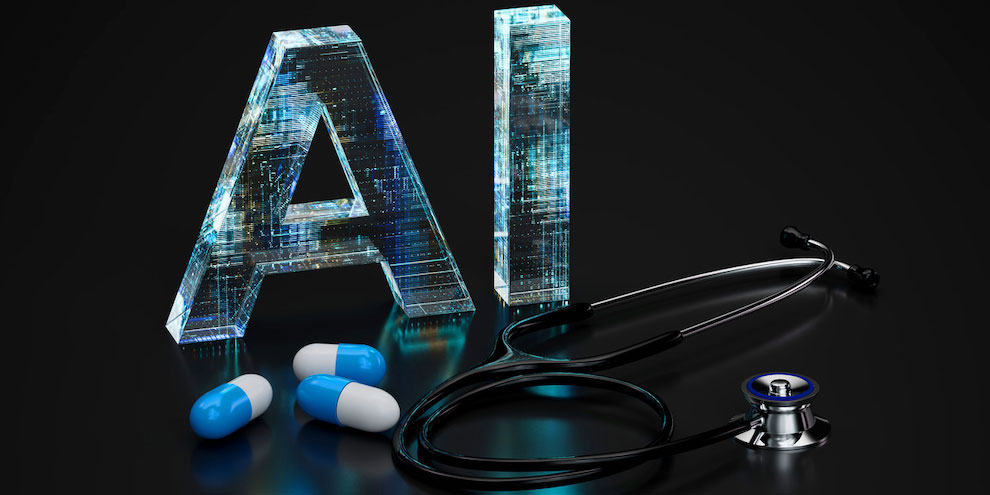 AI letters next to medication capsules and a stethoscope. 