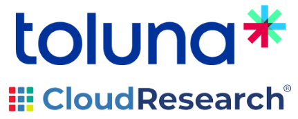 The Toluna logo above the Cloud Research logo. Toluna is written in blue lower-case letters with a multi-colored asterisk to the left. The Cloud Research logo has a multi-colored box with Cloud written to the right in a light blue and Research in dark blue.